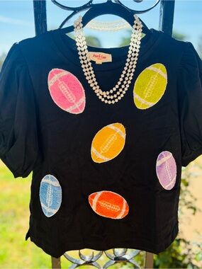 Peach Love California Black Tee with Multicolor Football Appliqués